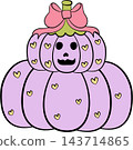 Cute carved pastel purple jack-o-lantern pumpkin with yellow bow, Halloween element 143714865