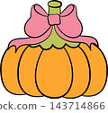 Cute pastel orange pumpkin wearing a pink bow, Halloween autumn element 143714866