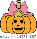 Cute carved pastel orange jack-o-lantern pumpkin with pink bow, Halloween element 143714867