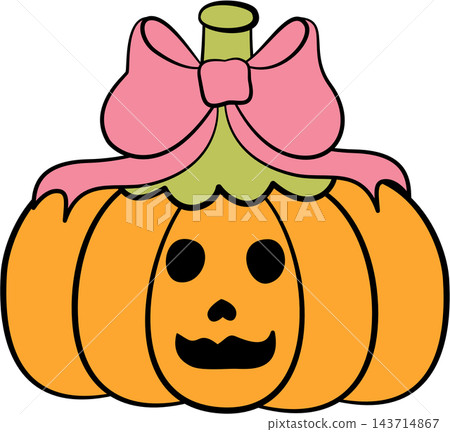 Cute carved pastel orange jack-o-lantern pumpkin with pink bow, Halloween element 143714867