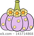 Cute pastel purple pumpkin decorated with a floral flower crown, autumn element 143714868