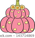 Cute polka dot pastel pink pumpkin decorated with a floral crown, Halloween element 143714869