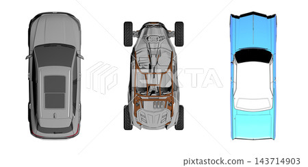 car set, isolated on transparent background, 3d illustration, cg render, top view car set, isolated on transparent background, 3d illustration, cg render, top view 143714903