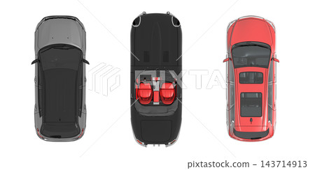 car set, isolated on transparent background, 3d illustration, cg render, top view car set, isolated on transparent background, 3d illustration, cg render, top view 143714913