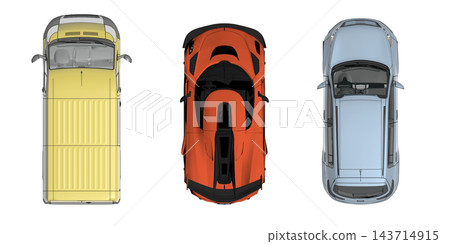 car set, isolated on transparent background, 3d illustration, cg render, top view car set, isolated on transparent background, 3d illustration, cg render, top view 143714915