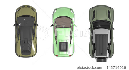 car set, isolated on transparent background, 3d illustration, cg render, top view car set, isolated on transparent background, 3d illustration, cg render, top view 143714916