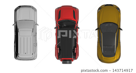 car set, isolated on transparent background, 3d illustration, cg render, top view car set, isolated on transparent background, 3d illustration, cg render, top view 143714917