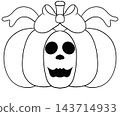 Cute line art pumpkin with ribbon bow and carved face, spooky jack-o-lantern element 143714933
