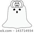 Cute line art ghost wearing a carved pumpkin head, spooky Halloween outline element 143714934