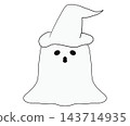 Cute line art ghost wearing a witch hat, spooky black and white outline element 143714935