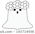 Cute line art ghost wearing a floral crown, spooky black and white outline element 143714936
