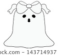 Cute line art ghost wearing a bow, spooky black and white outline element 143714937
