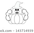 Cute line art tall carved jack-o-lantern pumpkin, spooky Halloween outline element 143714939