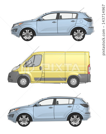 car set, isolated on transparent background, 3d illustration, cg render, side view 143714967