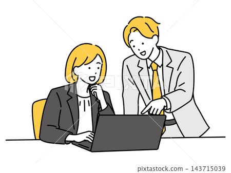 圖中描繪了一名男性和一名女性辦公室職員正在開會。 圖中描繪了一名男性和一名女性辦公室職員正在開會。 143715039