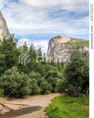 Yosemite Valley in Yosemite National Park, California, USA, with granite cliffs rising above pine forest and a sandy trail in summer 143715253