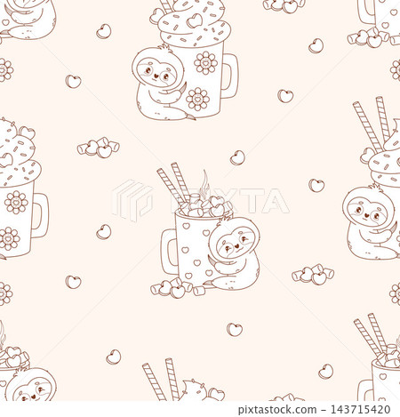 Outline Seamless Pattern Cute Sloth with Cup Cream Dessert, Hot Cocoa with Marshmallow, Hearts and Candy Canes on Light Beige Background. Romantic Festive Kawaii Animal. Vector illustration. Line Art. 143715420