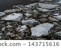 Ice Floes and Broken River Ice Floating on Dark Water in Late Winter Morning 143715616