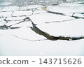 Ice Floes and Broken River Ice Floating on Dark Water in Late Winter Morning 143715626