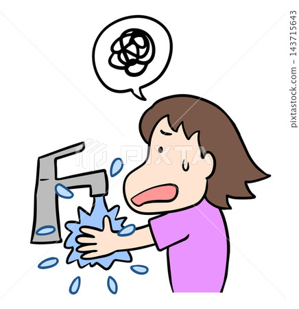 A woman with a troubled expression washing her hands A woman with a troubled expression washing her hands 143715643