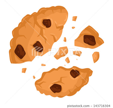 Chocolate biscuit crumbs. Broken chocolate cookie with crumbs, sweet crunchy tasty cookie flat vector illustration set. Homemade bakery treat Chocolate biscuit crumbs. Broken chocolate cookie with crumbs, sweet crunchy tasty cookie flat vector illustration set. Homemade bakery treat 143716304
