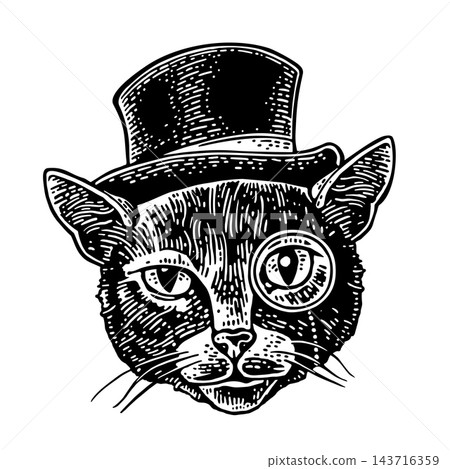 Cat gentleman with monocle dressed in hat. Vintage black engraving illustration 143716359