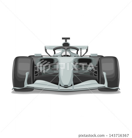 F1 bolide front view. Modern open-wheel Formula 1 racing car on track. Vector color illustration 143716367