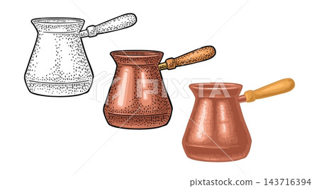 Turkish copper coffee pot. Vector color realistic illustration. Isolated on white Turkish copper coffee pot. Vector color realistic illustration. Isolated on white 143716394