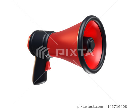 Bright red Megaphone with a black handle isolated on background. Sale icon for announcements, events, promotions, Black Friday. Bright red Megaphone with a black handle isolated on background. Sale icon for announcements, events, promotions, Black Friday. 143716408
