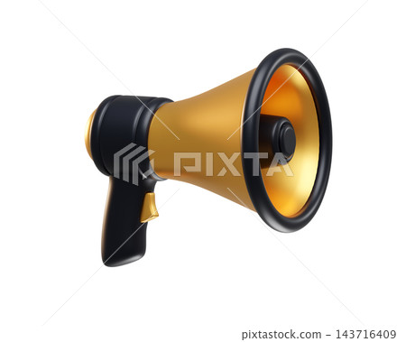 Gold and black Megaphone with a black handle isolated on background. Sale icon for announcements, events, promotions, Black Friday. Gold and black Megaphone with a black handle isolated on background. Sale icon for announcements, events, promotions, Black Friday. 143716409