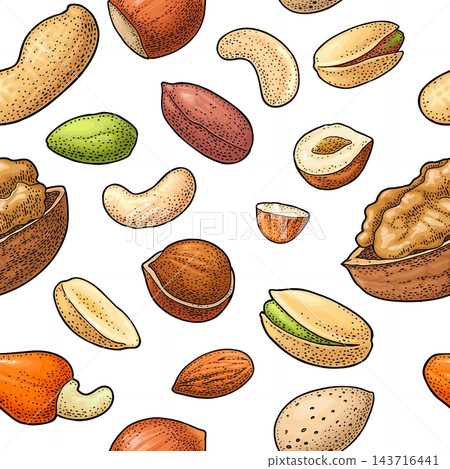 Vintage vector engraving seamless pattern hazelnut, peanut, almond, cashew, pistachio, walnut 143716441