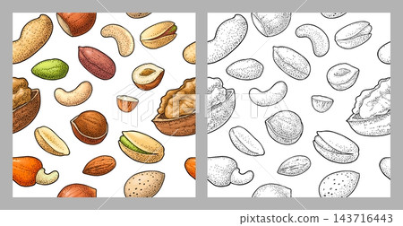 Vintage vector engraving seamless pattern hazelnut, peanut, almond, cashew, pistachio, walnut Vintage vector engraving seamless pattern hazelnut, peanut, almond, cashew, pistachio, walnut 143716443