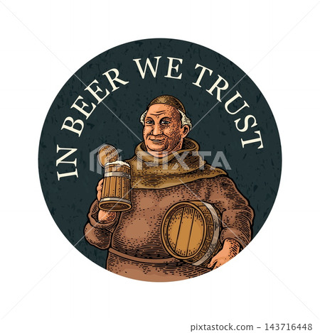 Monk holding wood beer barrel engraving. Lettering in beer we trust. Monk holding wood beer barrel engraving. Lettering in beer we trust. 143716448