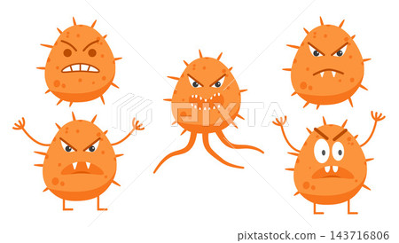 Set of angry orange pathogen bacteria microorganism cell characters with tentacles vector illustration collection for microbiology lab health infectio Set of angry orange pathogen bacteria microorganism cell characters with tentacles vector illustration collection for microbiology lab health infectio 143716806