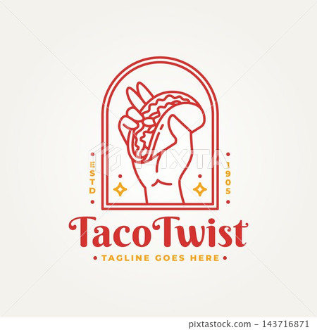 minimalist hand holding a taco line art emblem icon logo vector illustration design. simple modern mexican fast food restaurant badge logo concept 143716871