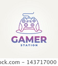 minimalist gamer station with joystick line art icon logo vector illustration design. simple modern gaming area, game shop, tech logo concept 143717000