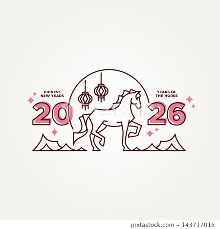 minimalist 2026 year of the horse, chinese new year line art icon badge logo vector illustration design 143717016
