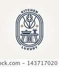 minimalist kitchen with luxurious ornaments line art icon badge logo vector illustration design. simple modern luxury restaurant emblem logo concept 143717020