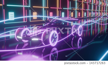 Neon futuristic car race bg 3d render Neon futuristic car race bg 3d render 143717263