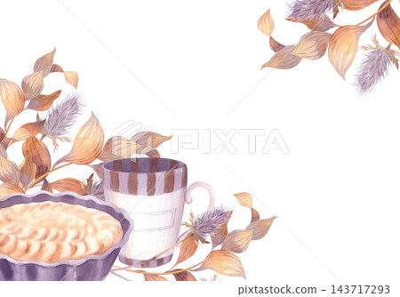 Watercolor composition of tart and striped mug surrounded by dried leaves and thistle in soft mauve and beige palette corner frame Watercolor composition of tart and striped mug surrounded by dried leaves and thistle in soft mauve and beige palette corner frame 143717293