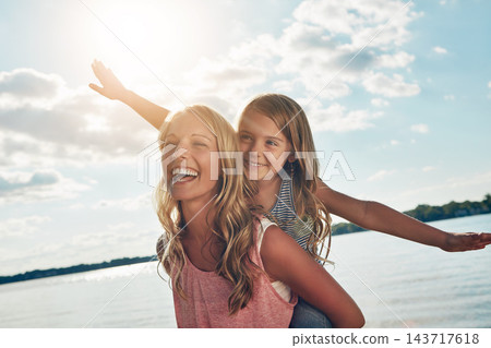 Laugh, mother and child on beach with airplane, smile and playing on adventure holiday in Australia. Travel, mom and girl on ocean vacation with summer fun, happy and bonding together with games. Laugh, mother and child on beach with airplane, smile and playing on adventure holiday in Australia. Travel, mom and girl on ocean vacation with summer fun, happy and bonding together with games. 143717618