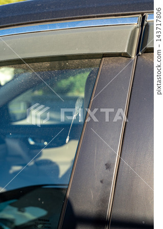 Bird Droppings on Car Window and Door Panel, Dirty Vehicle Glass With Stain and Mess Bird Droppings on Car Window and Door Panel, Dirty Vehicle Glass With Stain and Mess 143717806