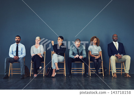 Business people, recruitment and waiting in line for interview with hiring process and employment opportunity. Diverse group, job seeker or impatient in row for HR meeting with mockup space or banner Business people, recruitment and waiting in line for interview with hiring process and employment opportunity. Diverse group, job seeker or impatient in row for HR meeting with mockup space or banner 143718158