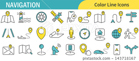 A set of line art icons for navigation with a two-tone color scheme. 143718167