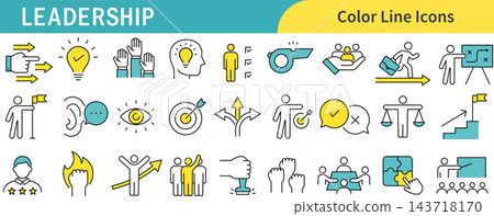 A set of line art icons related to leadership in two-tone color schemes. A set of line art icons related to leadership in two-tone color schemes. 143718170