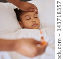 Girl, hand and thermometer for fever in home, sick and cold or monitor temperature in bedroom. Female person, daughter and parent to check for virus on forehead, fatigue and infection or disease 143718357