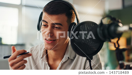 Podcast, presenter and radio show host with man speaking about public relations and live streaming. Recording, microphone and headphone with interview discussion, audio and dj hosting in home studio Podcast, presenter and radio show host with man speaking about public relations and live streaming. Recording, microphone and headphone with interview discussion, audio and dj hosting in home studio 143718489