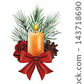 Hand drawn Christmas composition featuring a candle, spruce branches, and a red bow. Watercolor illustration. 143718690