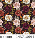 Hand drawn autumn seamless pattern with roses, dahlias, and chrysanthemums. Watercolor illustration. 143718694