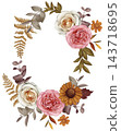 Hand drawn wreath with autumn flowers and leaves. Watercolor illustration. 143718695